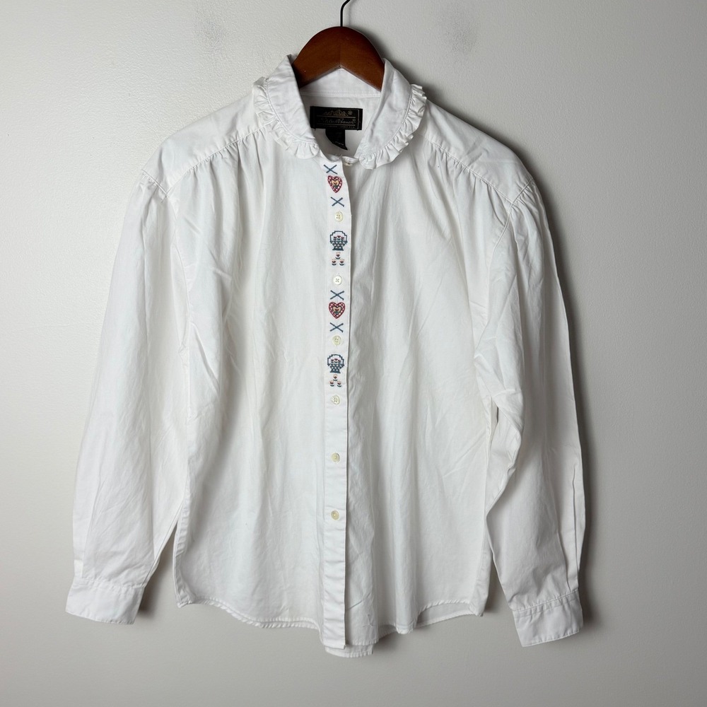 VTG 90s Eddie Bauer Embroidered Heart Ruffle Collar Blouse Large Cottage Prairie - Picture 14 of 14